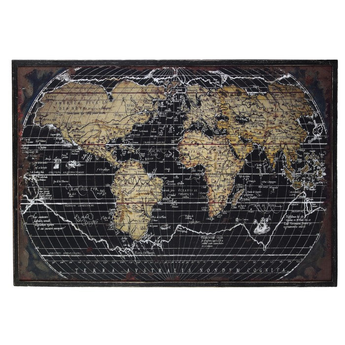 Wooden Giclee Printed World Atlas Frame with Distressed Look, Black