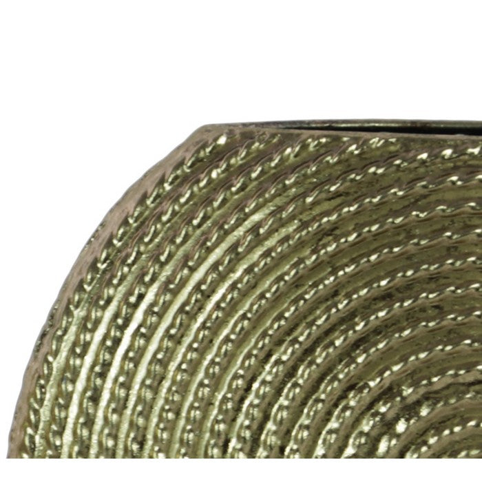Disk Like Round Shape Metal Vase with Embedded Design, Gold