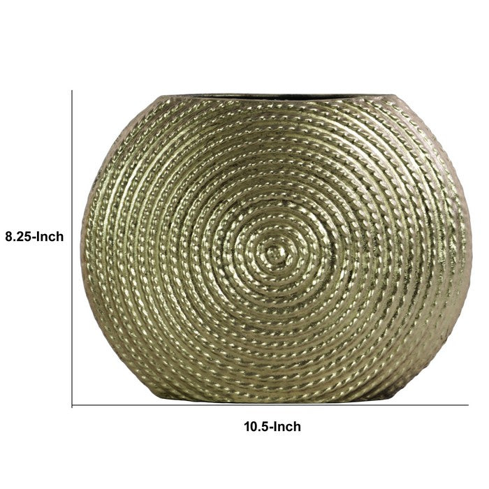 Disk Like Round Shape Metal Vase with Embedded Design, Gold