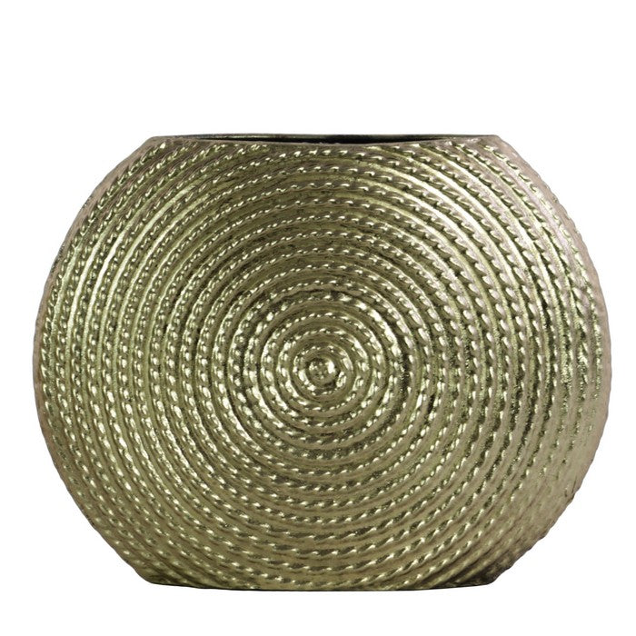 Disk Like Round Shape Metal Vase with Embedded Design, Gold