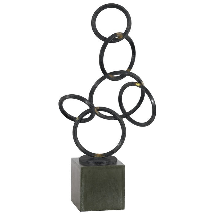 Metal Interloping Rings Sculpture with Square Base, Black and Brown