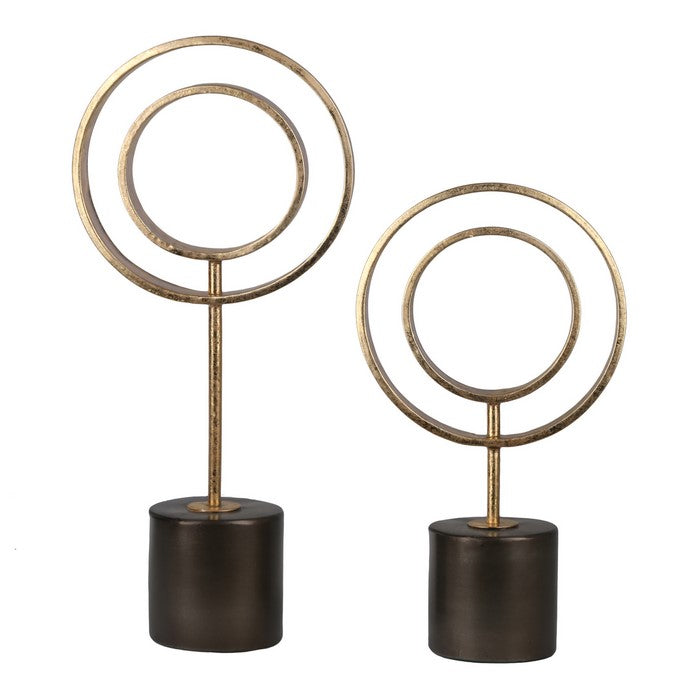Metal Decor with Open Ring Design, Set of Two, Gold and Brown