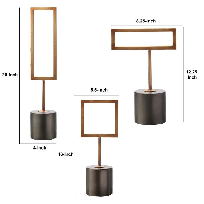 Metal Quadrilateral Decor with Round Base, Set of Three, Gold and Brown
