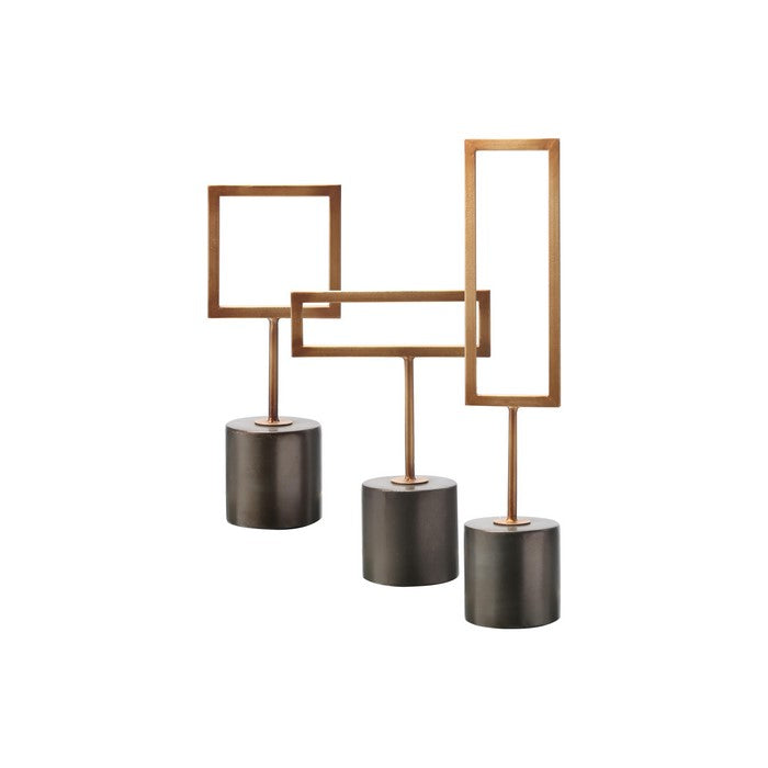 Metal Quadrilateral Decor with Round Base, Set of Three, Gold and Brown