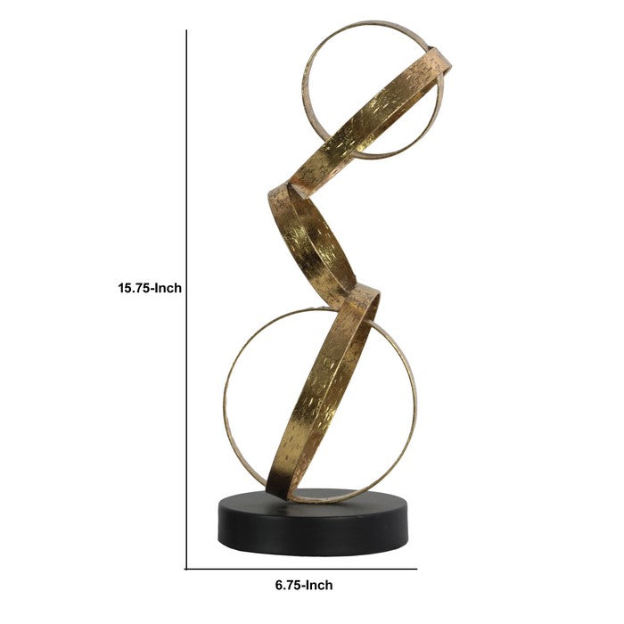 Abstract Sculpture with Cascading Circles on Round Base, Gold and Black