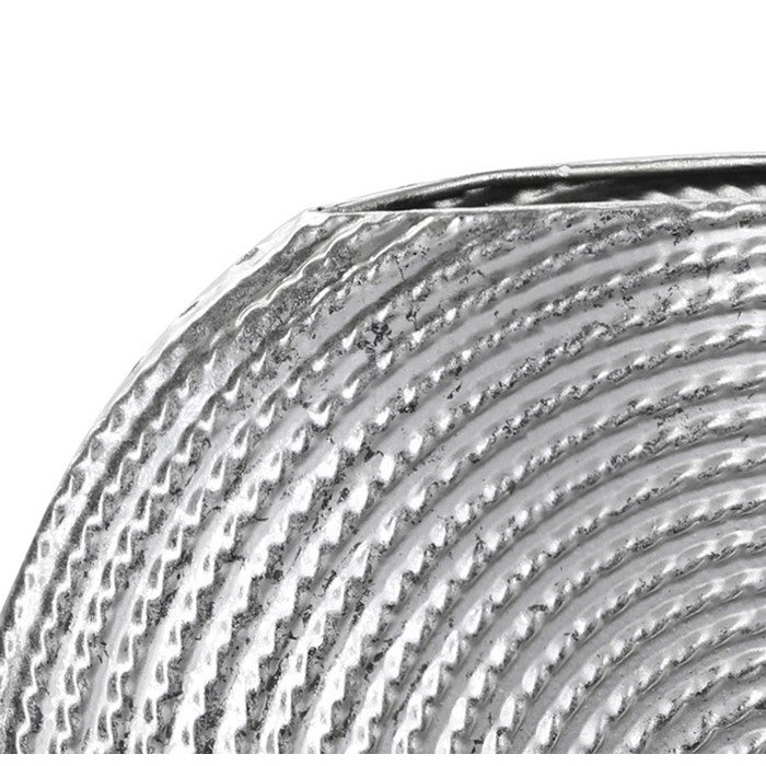 Disk Like Round Shape Metal Vase with Embedded Design, Small, Silver