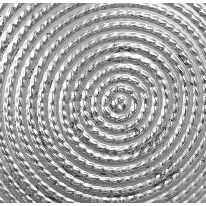 Disk Like Round Shape Metal Vase with Embedded Design, Small, Silver