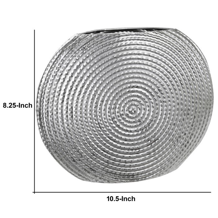 Disk Like Round Shape Metal Vase with Embedded Design, Small, Silver