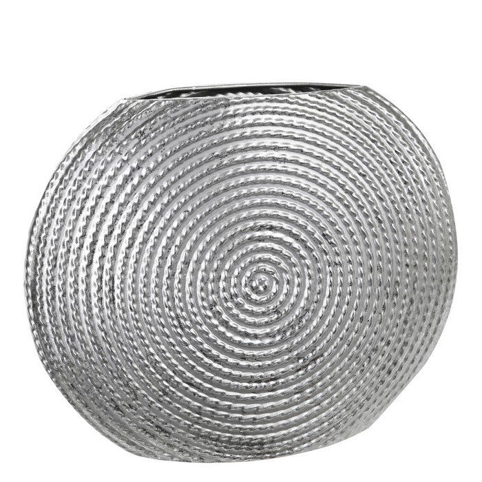 Disk Like Round Shape Metal Vase with Embedded Design, Small, Silver