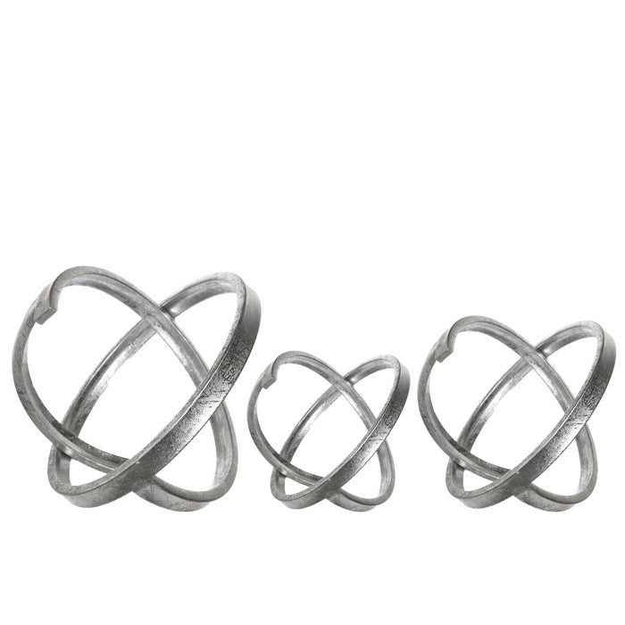 Metal Table Top Sculpture with Orb Design, Set of Three, Silver