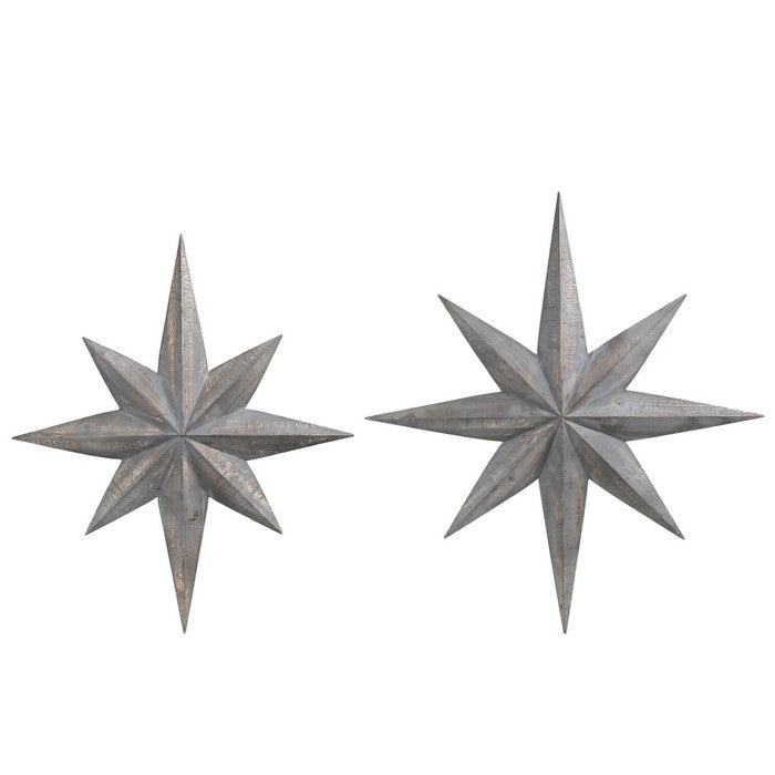 Wooden 3D Bursting Star Wall Decor with Back Hanger, Set of Two, Gray
