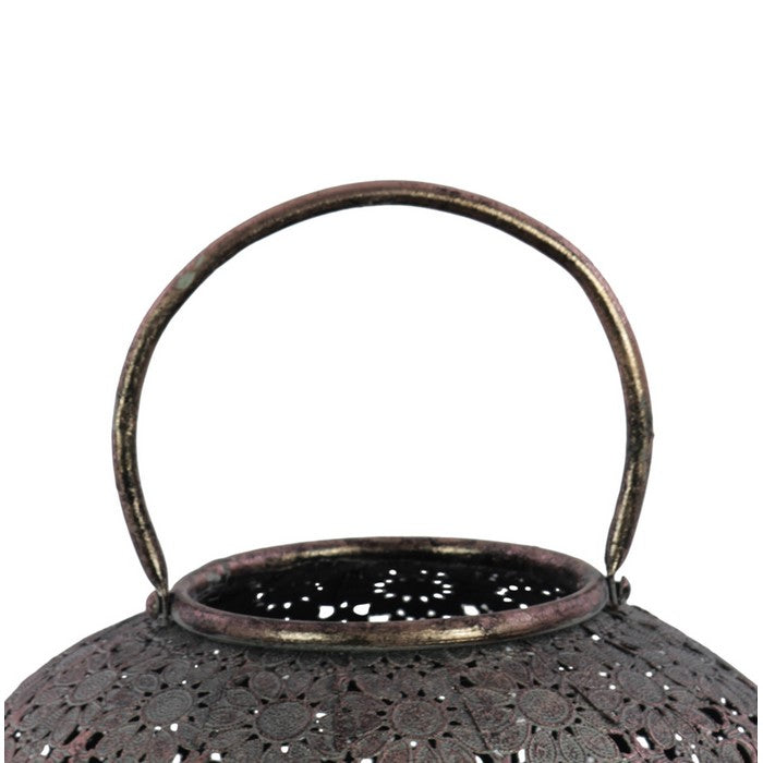 Round Metal Lantern with Floral Pierced Design, Large, Gray