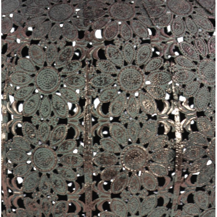Round Metal Lantern with Floral Pierced Design, Large, Gray