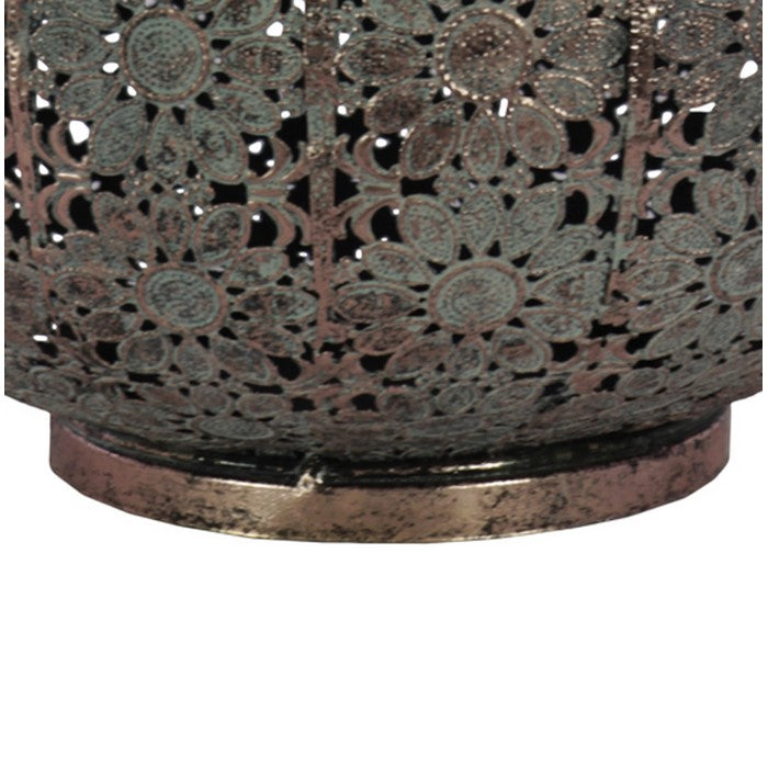 Round Metal Lantern with Floral Pierced Design, Large, Gray