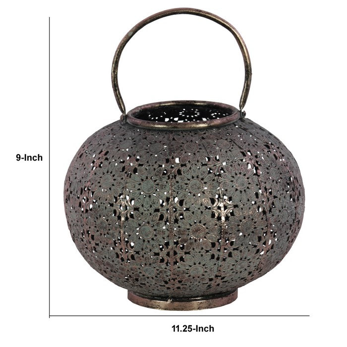 Round Metal Lantern with Floral Pierced Design, Large, Gray