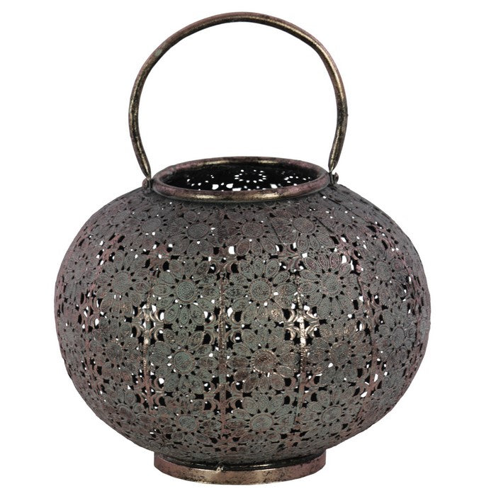 Round Metal Lantern with Floral Pierced Design, Large, Gray