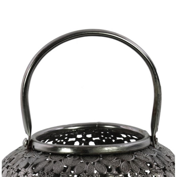 Round Metal Lantern with Floral Pierced Design, Small, Gray