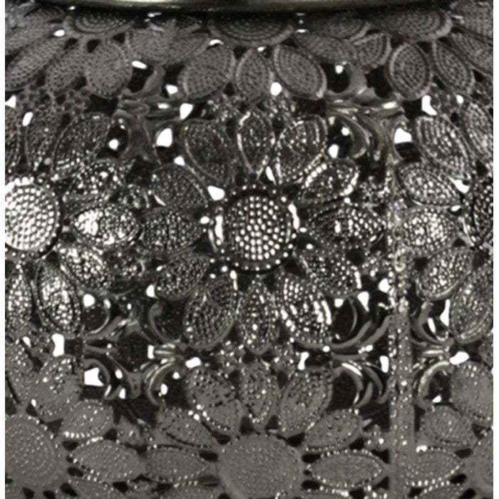 Round Metal Lantern with Floral Pierced Design, Small, Gray