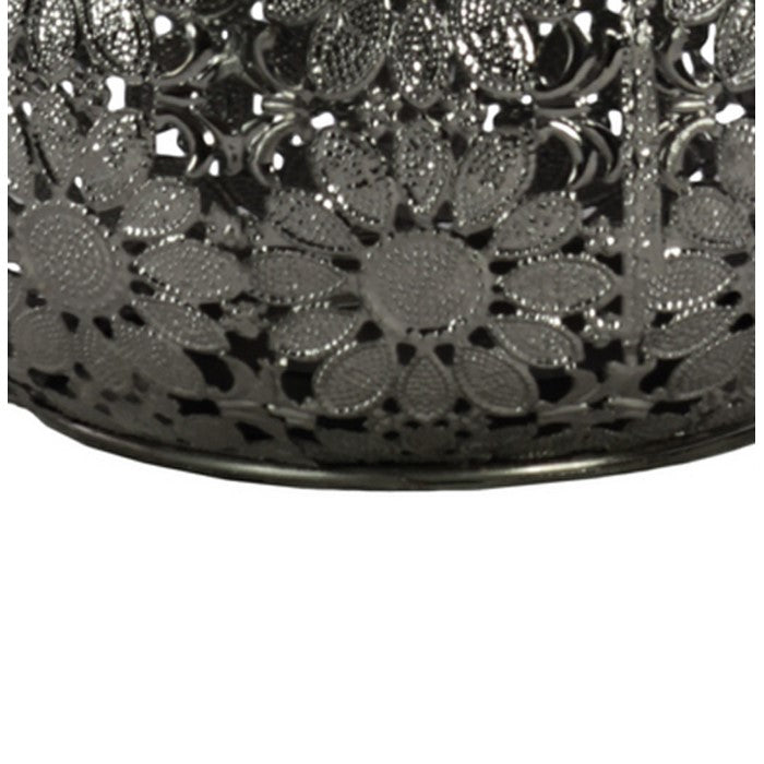 Round Metal Lantern with Floral Pierced Design, Small, Gray