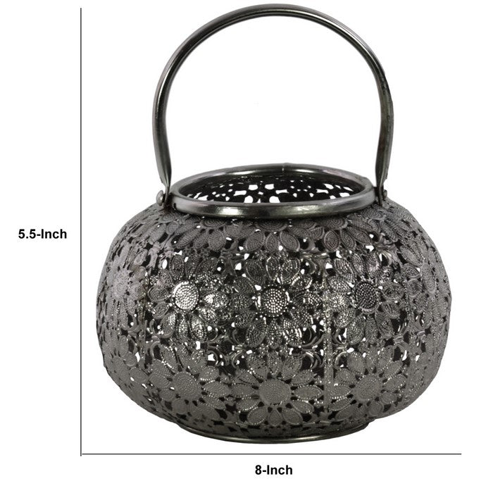Round Metal Lantern with Floral Pierced Design, Small, Gray