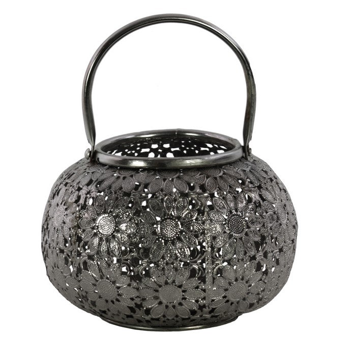 Round Metal Lantern with Floral Pierced Design, Small, Gray
