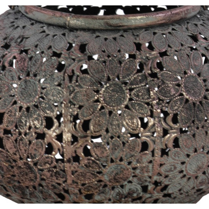 Round Metal Lantern with Floral Pierced Design, Small, Brown