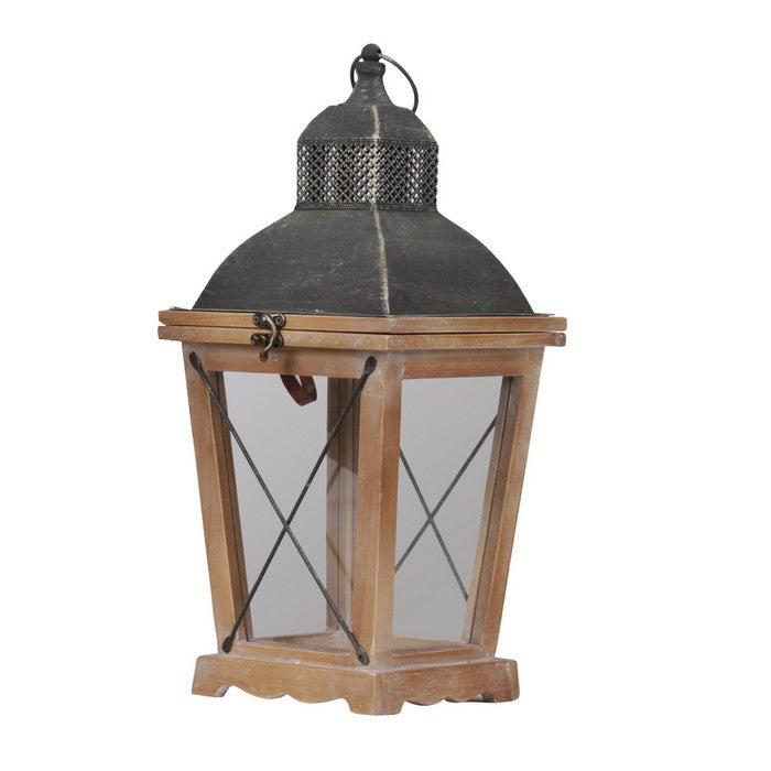 Wooden Lantern with Pierced Finial Metal Top, Set of Two, Gray and Brown