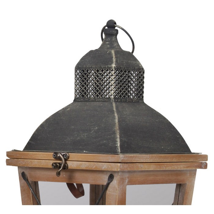 Wooden Lantern with Pierced Finial Metal Top, Set of Two, Gray and Brown