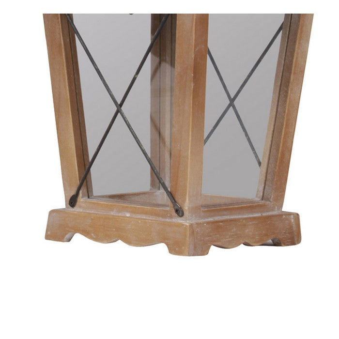 Wooden Lantern with Pierced Finial Metal Top, Set of Two, Gray and Brown