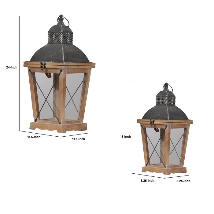 Wooden Lantern with Pierced Finial Metal Top, Set of Two, Gray and Brown