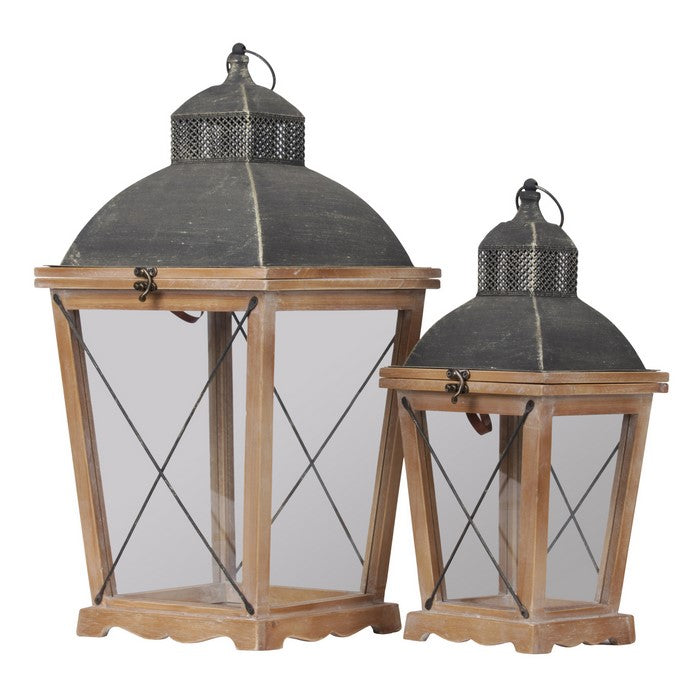 Wooden Lantern with Pierced Finial Metal Top, Set of Two, Gray and Brown