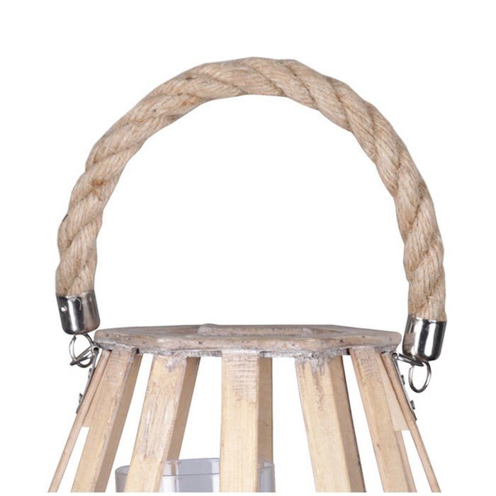 Wooden Lattice Pentagon Lantern with Rope Handle, Beige