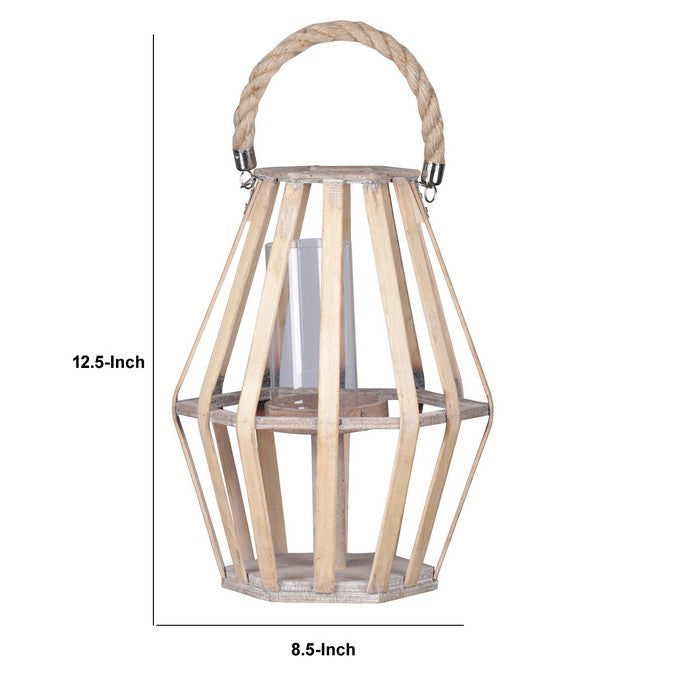 Wooden Lattice Pentagon Lantern with Rope Handle, Beige