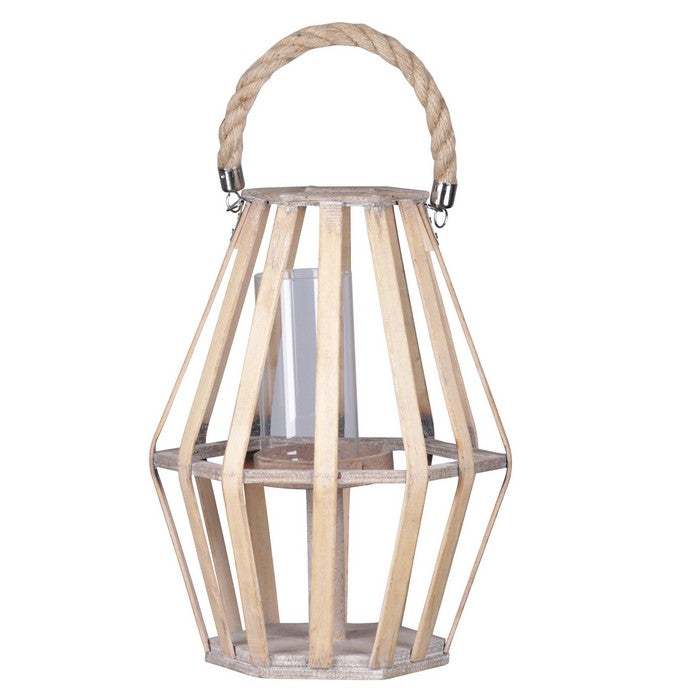 Wooden Lattice Pentagon Lantern with Rope Handle, Beige