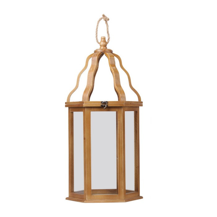 Wooden Pentagon Lantern with Finial Open Top and Rope Handle, Brown