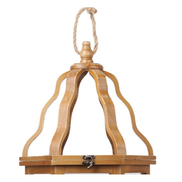 Wooden Pentagon Lantern with Finial Open Top and Rope Handle, Brown
