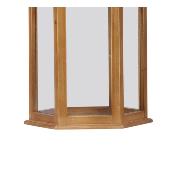 Wooden Pentagon Lantern with Finial Open Top and Rope Handle, Brown