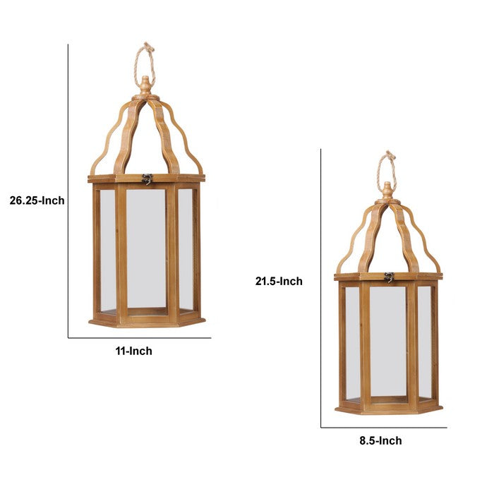 Wooden Pentagon Lantern with Finial Open Top and Rope Handle, Brown