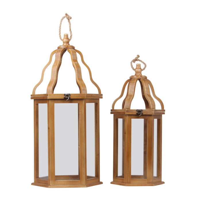 Wooden Pentagon Lantern with Finial Open Top and Rope Handle, Brown