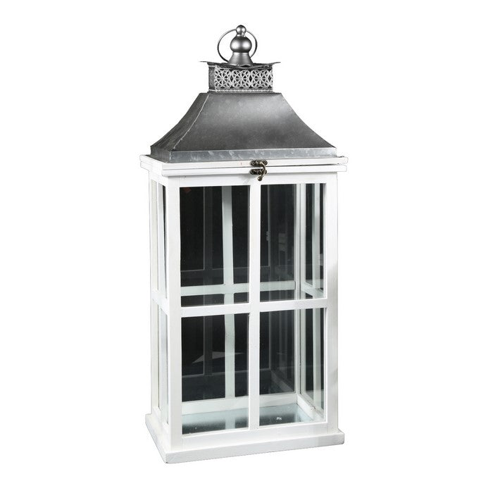 Wooden Rectangular Lantern with Metal Top, Set of Two, White and Silver