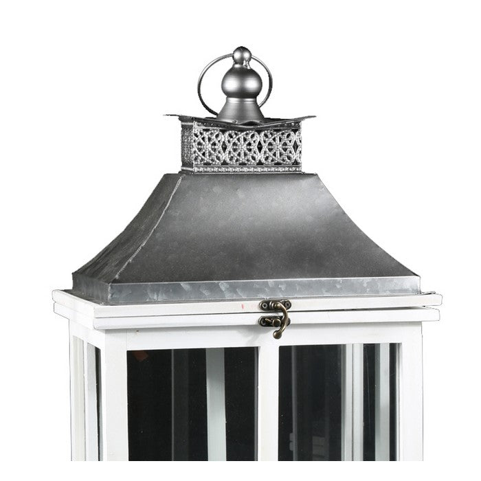 Wooden Rectangular Lantern with Metal Top, Set of Two, White and Silver