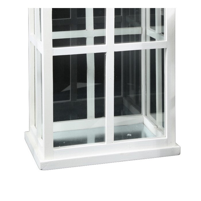 Wooden Rectangular Lantern with Metal Top, Set of Two, White and Silver