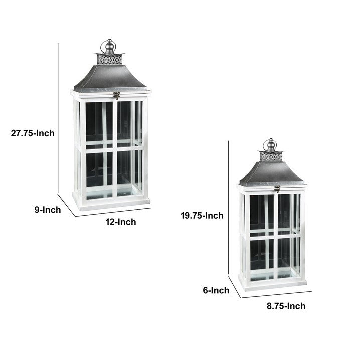Wooden Rectangular Lantern with Metal Top, Set of Two, White and Silver