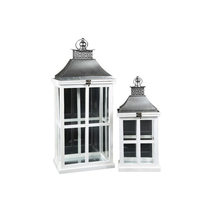 Wooden Rectangular Lantern with Metal Top, Set of Two, White and Silver
