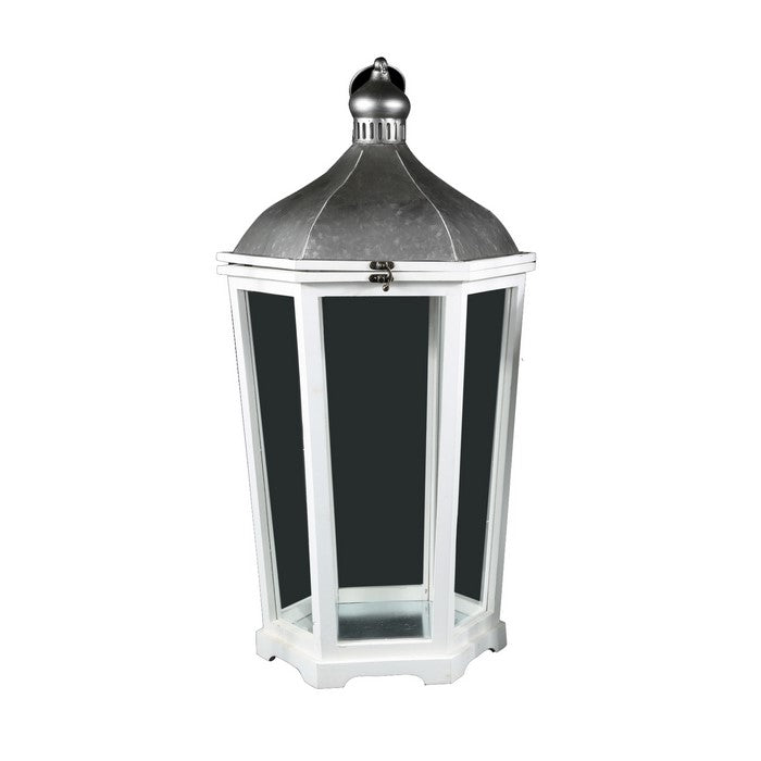 Wooden Hexagonal Lantern with Arc Top, Set of Two, White and Silver