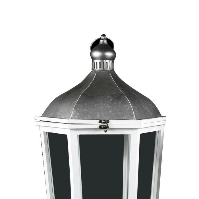 Wooden Hexagonal Lantern with Arc Top, Set of Two, White and Silver
