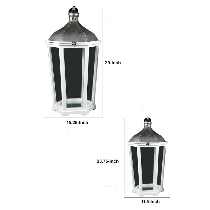 Wooden Hexagonal Lantern with Arc Top, Set of Two, White and Silver