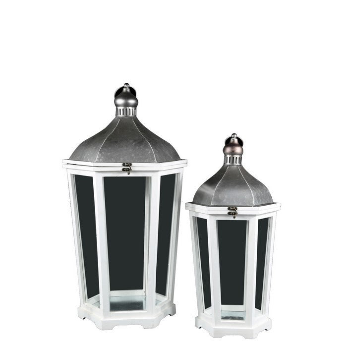 Wooden Hexagonal Lantern with Arc Top, Set of Two, White and Silver