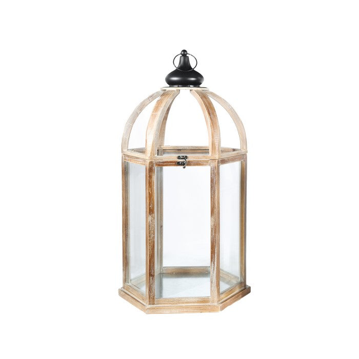 Wooden Hexagonal Lantern with Arc Top, Set of Two, Brown
