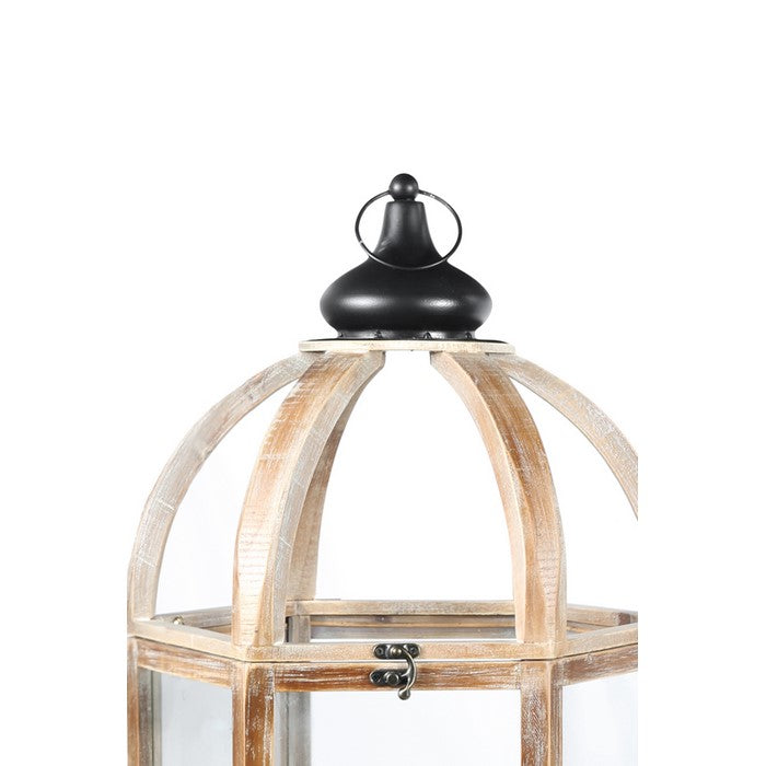 Wooden Hexagonal Lantern with Arc Top, Set of Two, Brown